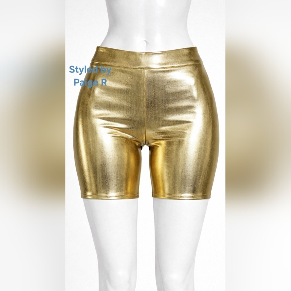 💕NWT SKIMS Swim Metallic Shiny Mid Waist Shorts Full Coverage Bottoms GOLD S
